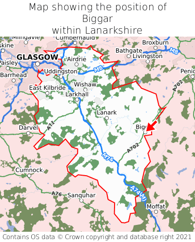 Map showing location of Biggar within Lanarkshire