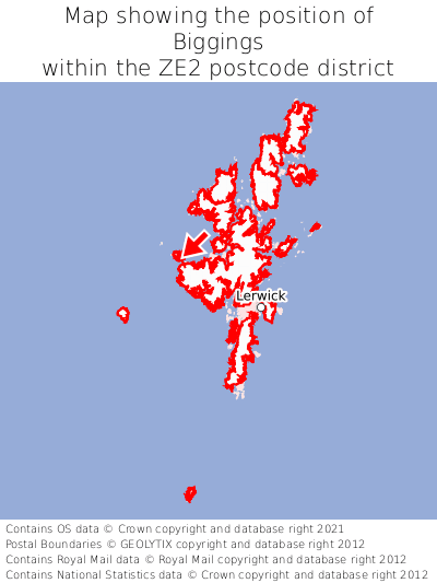 Map showing location of Biggings within ZE2