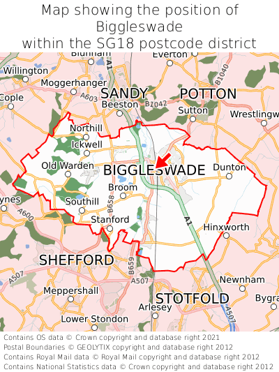 Map showing location of Biggleswade within SG18
