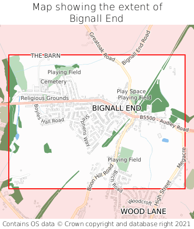 Map showing extent of Bignall End as bounding box
