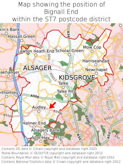 Map showing location of Bignall End within ST7