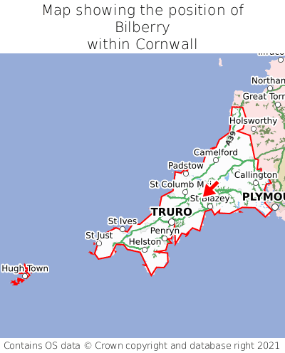 Map showing location of Bilberry within Cornwall