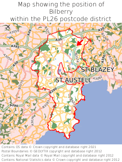 Map showing location of Bilberry within PL26