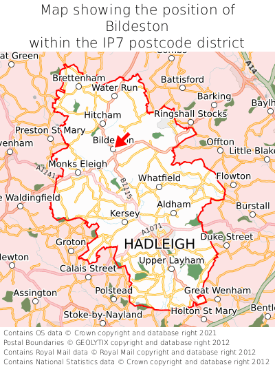 Map showing location of Bildeston within IP7