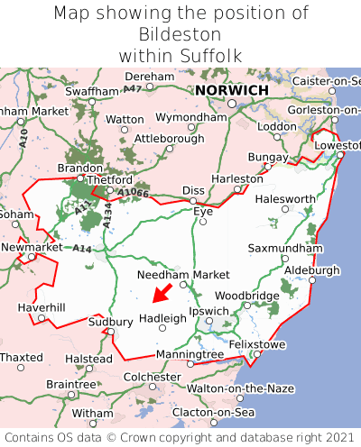 Map showing location of Bildeston within Suffolk