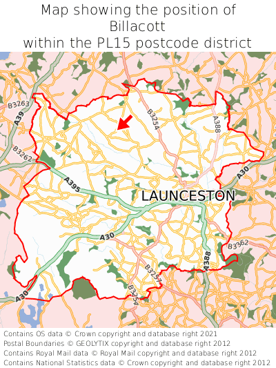 Map showing location of Billacott within PL15