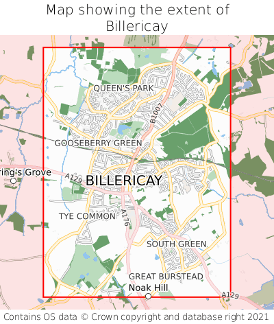 Map showing extent of Billericay as bounding box