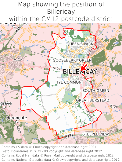 Map showing location of Billericay within CM12