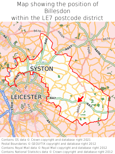 Map showing location of Billesdon within LE7