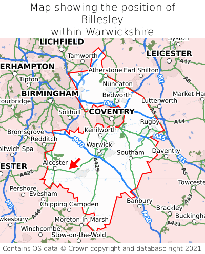 Map showing location of Billesley within Warwickshire
