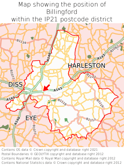 Map showing location of Billingford within IP21