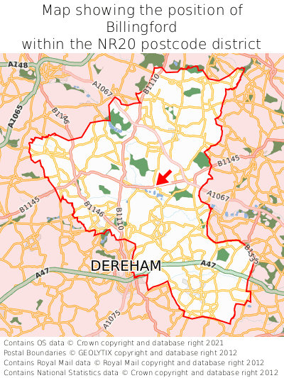 Map showing location of Billingford within NR20