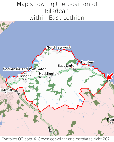 Map showing location of Bilsdean within East Lothian