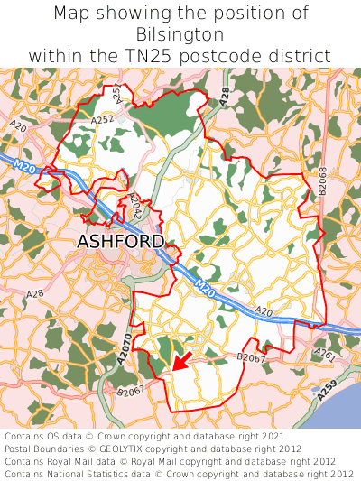 Map showing location of Bilsington within TN25