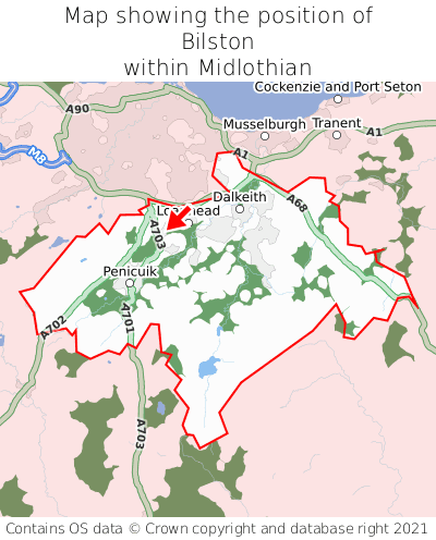 Map showing location of Bilston within Midlothian