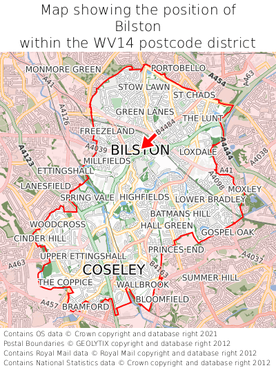 Map showing location of Bilston within WV14