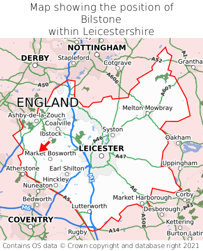 Map showing location of Bilstone within Leicestershire