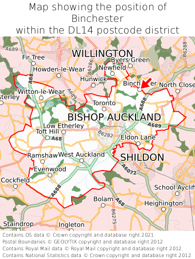 Map showing location of Binchester within DL14