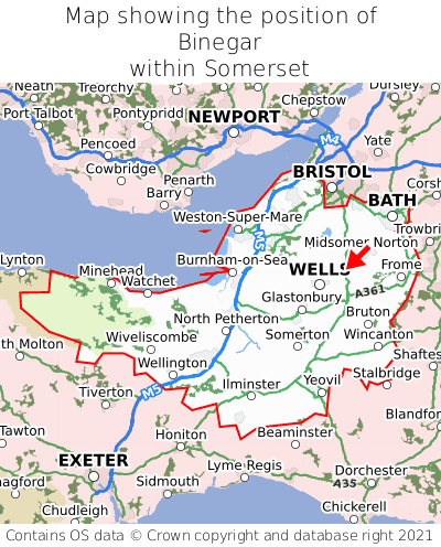 Map showing location of Binegar within Somerset