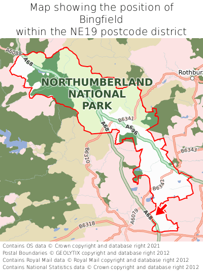 Map showing location of Bingfield within NE19