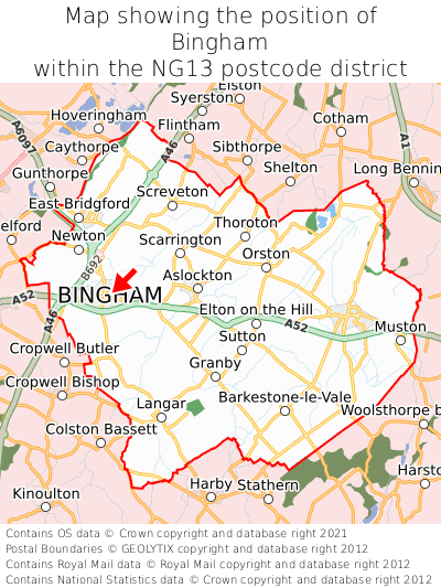 Map showing location of Bingham within NG13