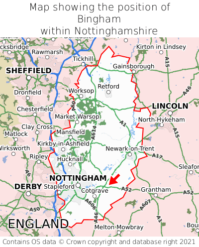 Map showing location of Bingham within Nottinghamshire