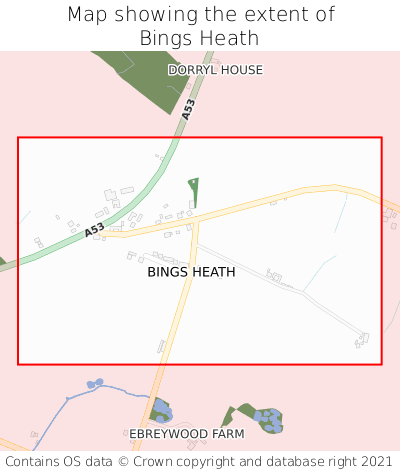 Map showing extent of Bings Heath as bounding box