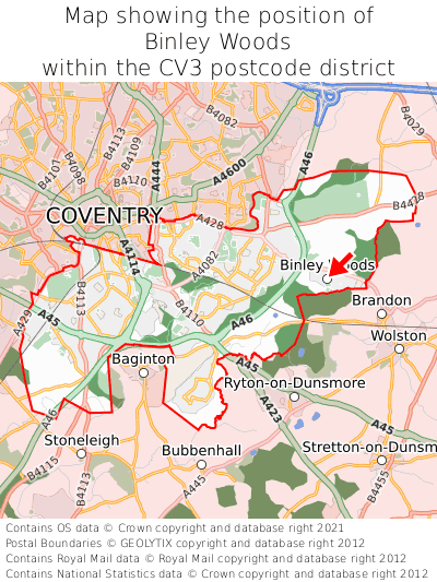 Map showing location of Binley Woods within CV3