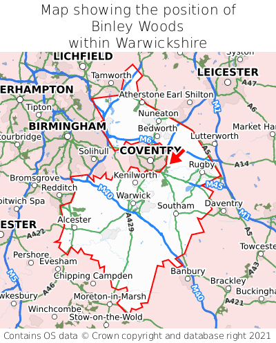 Map showing location of Binley Woods within Warwickshire