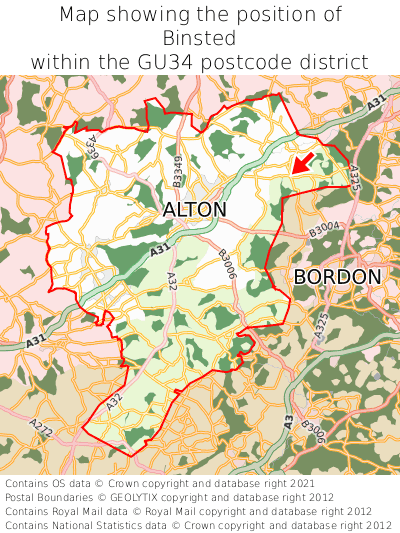 Map showing location of Binsted within GU34
