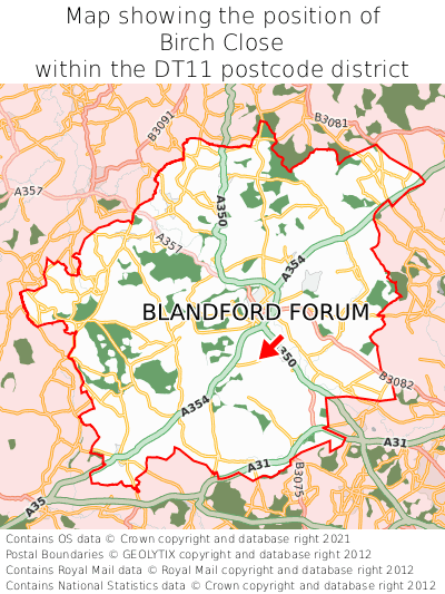 Map showing location of Birch Close within DT11