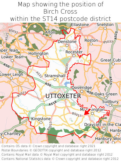 Map showing location of Birch Cross within ST14