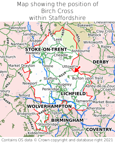 Map showing location of Birch Cross within Staffordshire