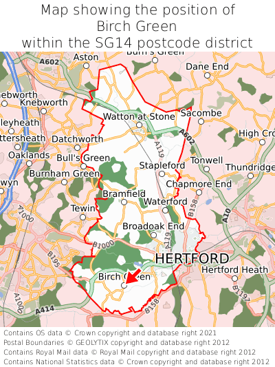 Map showing location of Birch Green within SG14