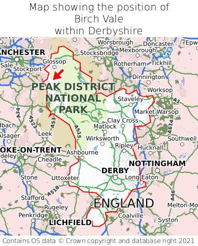 Map showing location of Birch Vale within Derbyshire
