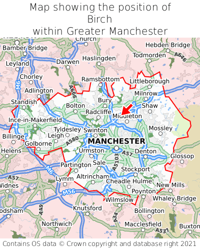 Map showing location of Birch within Greater Manchester