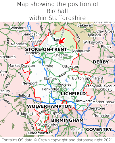 Map showing location of Birchall within Staffordshire