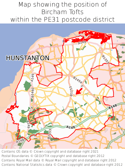 Map showing location of Bircham Tofts within PE31