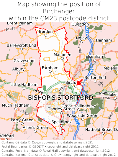Map showing location of Birchanger within CM23