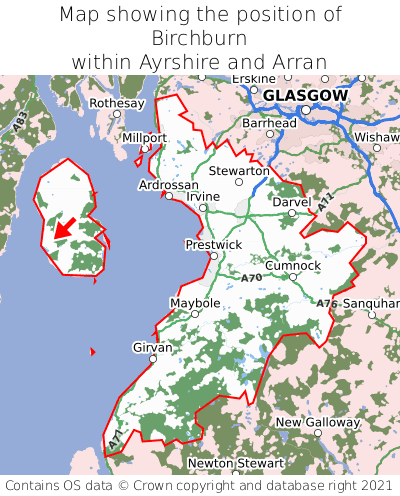 Map showing location of Birchburn within Ayrshire and Arran