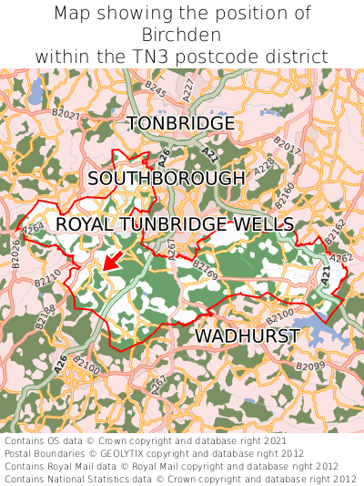 Map showing location of Birchden within TN3
