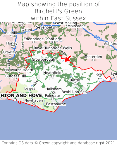 Map showing location of Birchett's Green within East Sussex