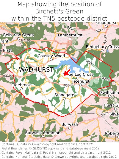 Map showing location of Birchett's Green within TN5