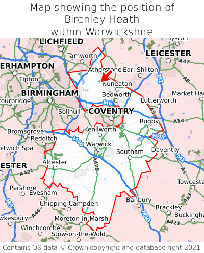 Map showing location of Birchley Heath within Warwickshire