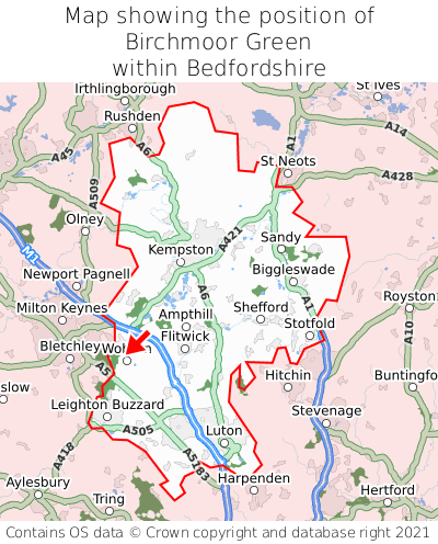 Map showing location of Birchmoor Green within Bedfordshire