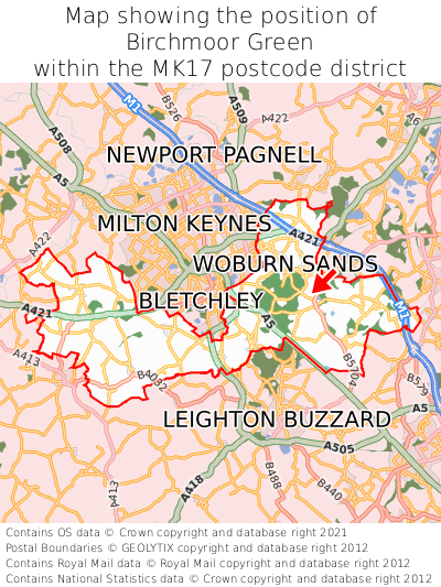Map showing location of Birchmoor Green within MK17