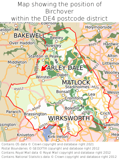 Map showing location of Birchover within DE4