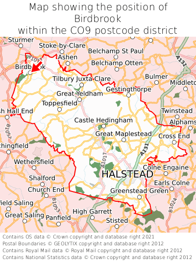 Map showing location of Birdbrook within CO9