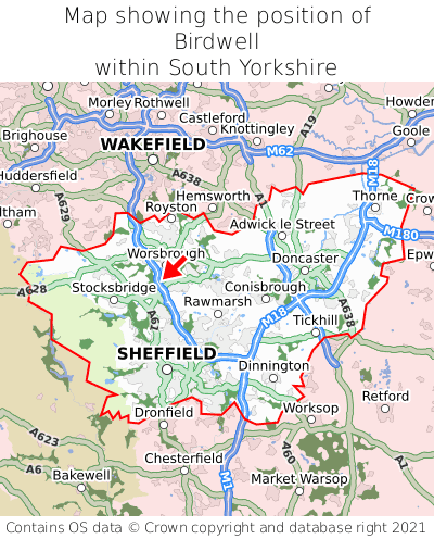 Map showing location of Birdwell within South Yorkshire