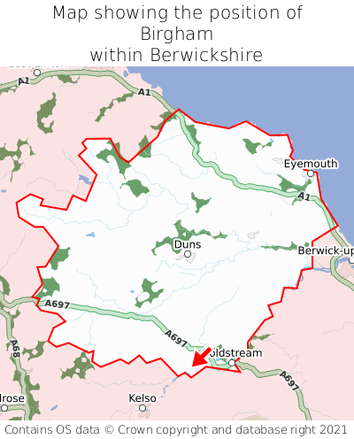 Map showing location of Birgham within Berwickshire